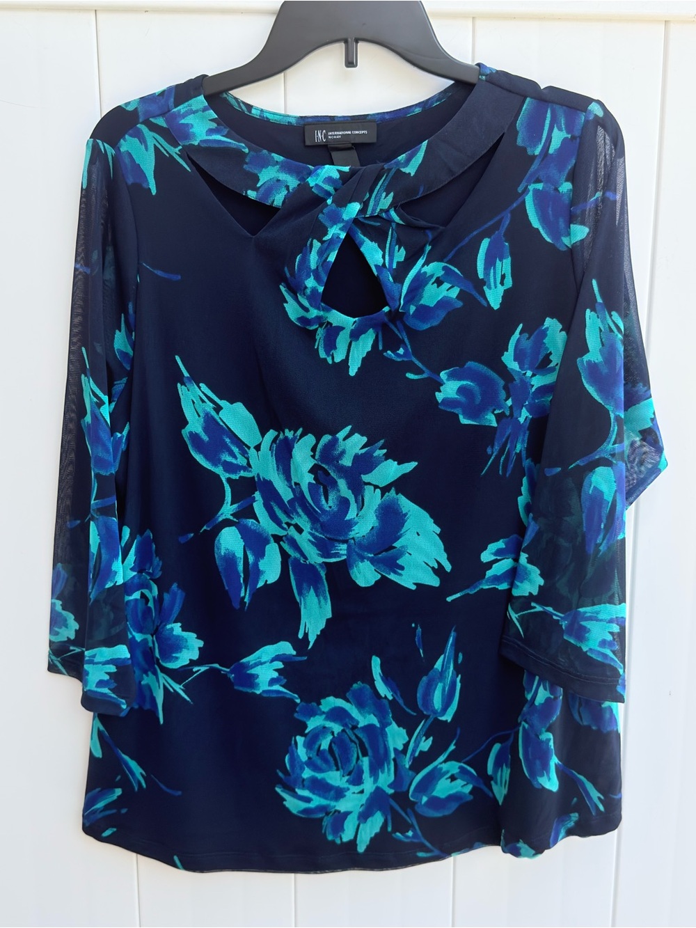 INC International Concepts Black And Aqua Twisted Cutout Neck